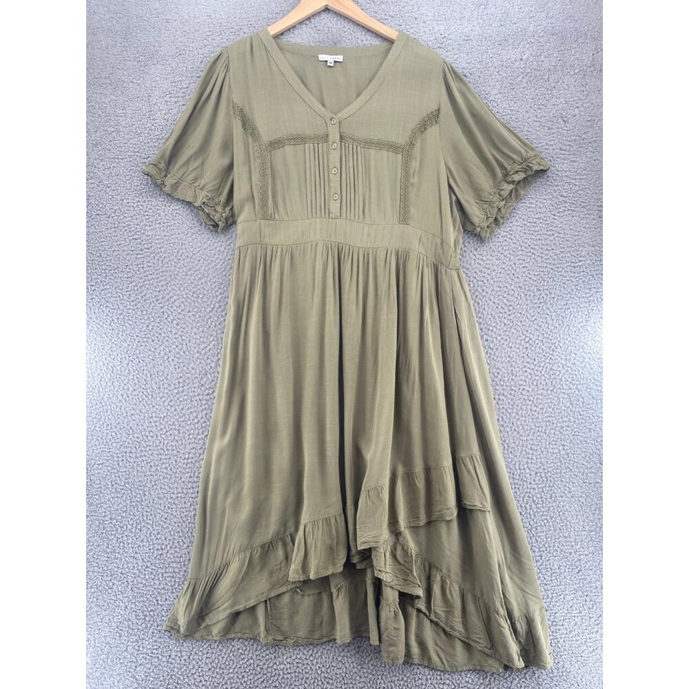 Baltic Born Dress Women 3XL Green Hi Low Puff Sleeve Pintuck Bodice Lace Prairie